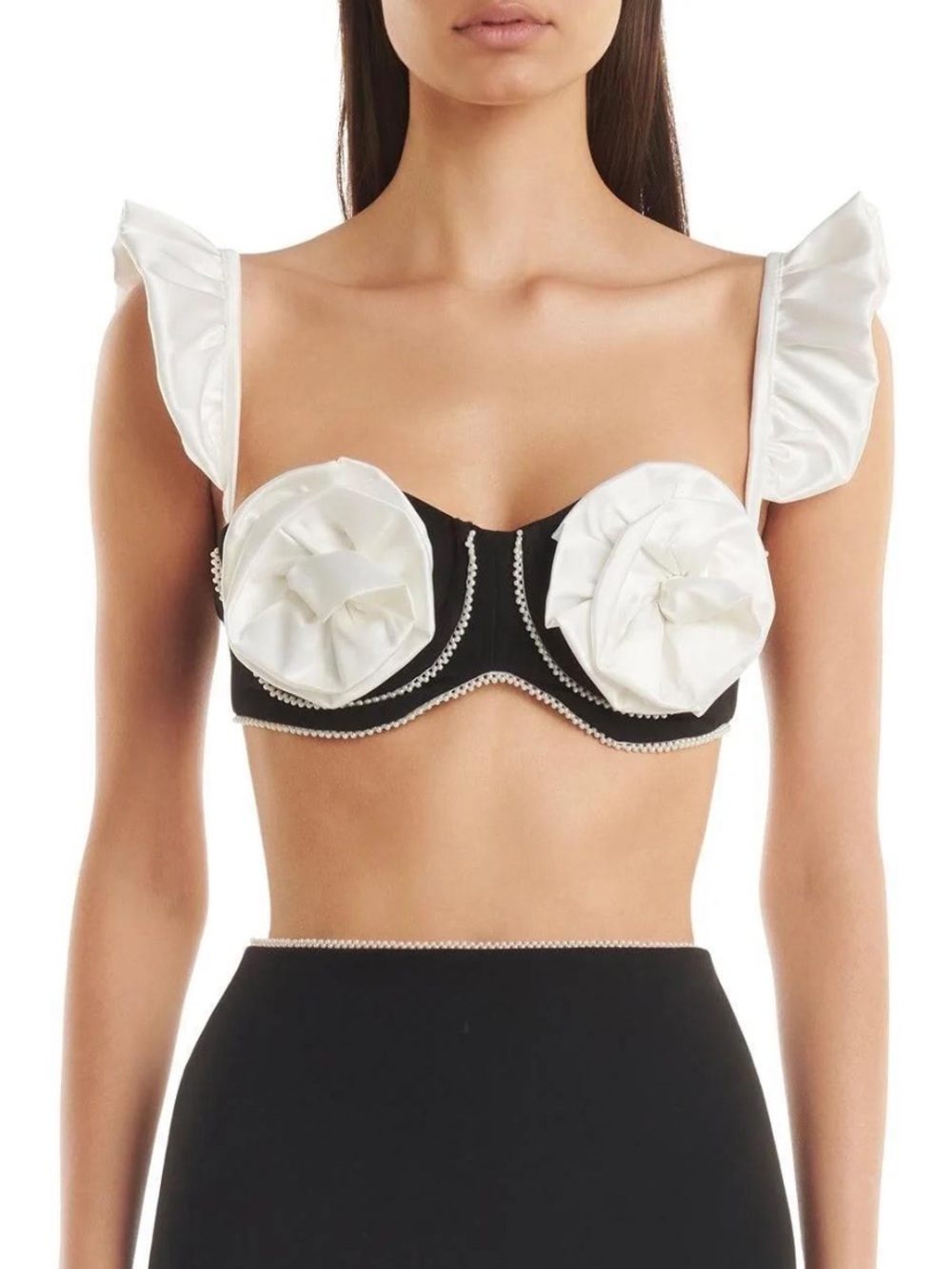 Lavish Alice Black Bra Crop Top with White Satin Rosettes